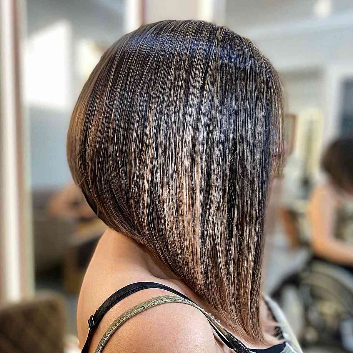 A-Line Lob with Caramel Balayage for women with very straight hair