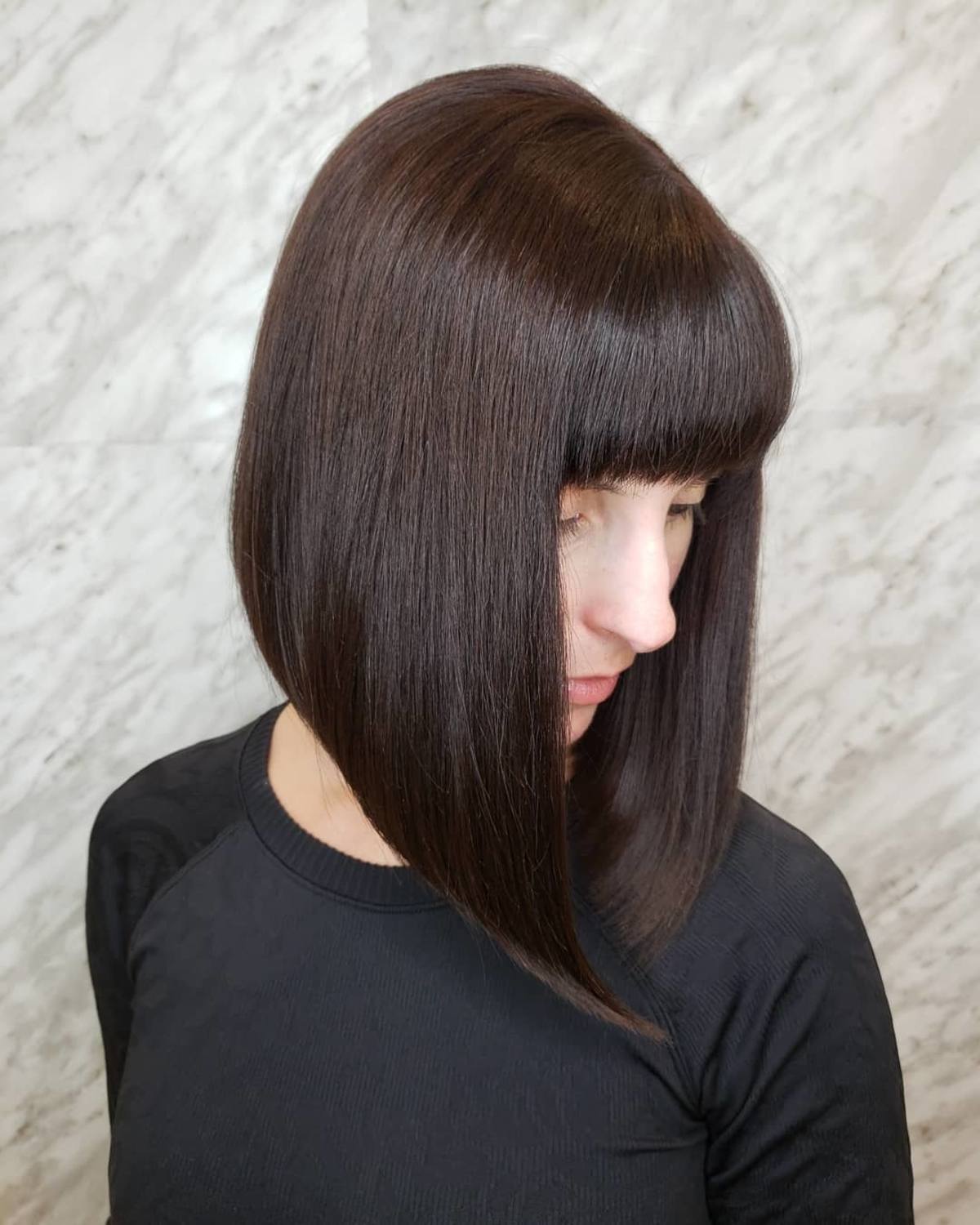 Angled Lob with Bangs Hairstyle
