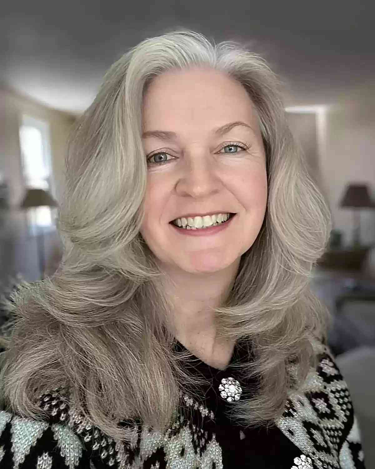Ashy Gray Hair with Medium Feathered Layers for Old Women