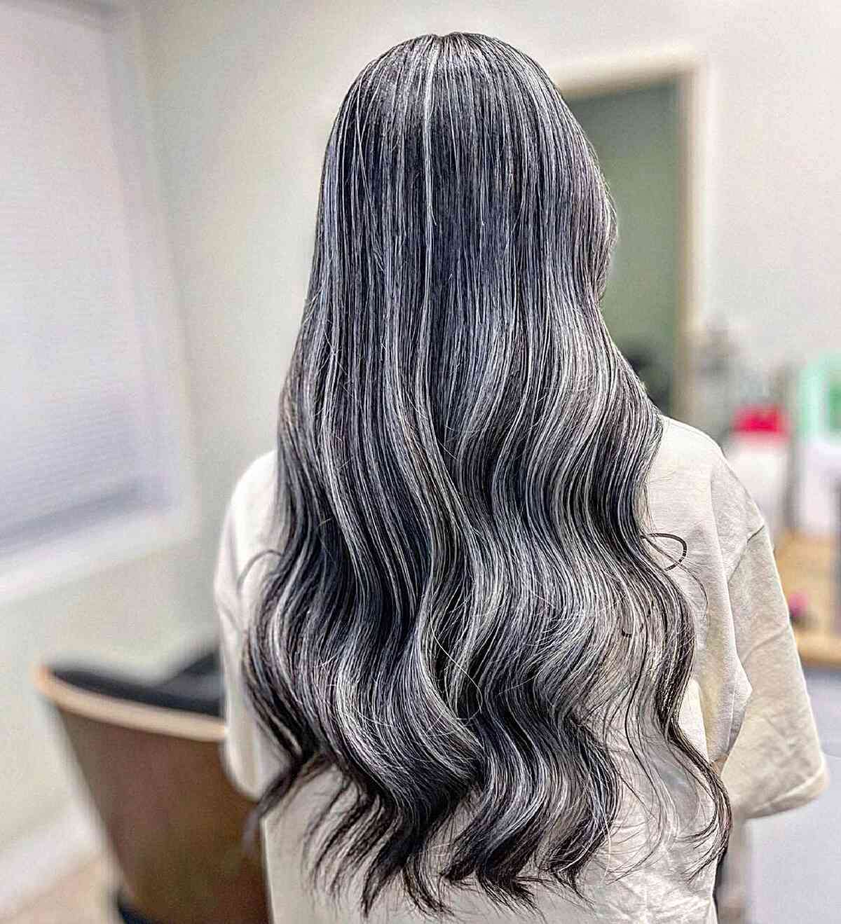 Long-Length Black Hair with Bright Silver Balayage Streaks