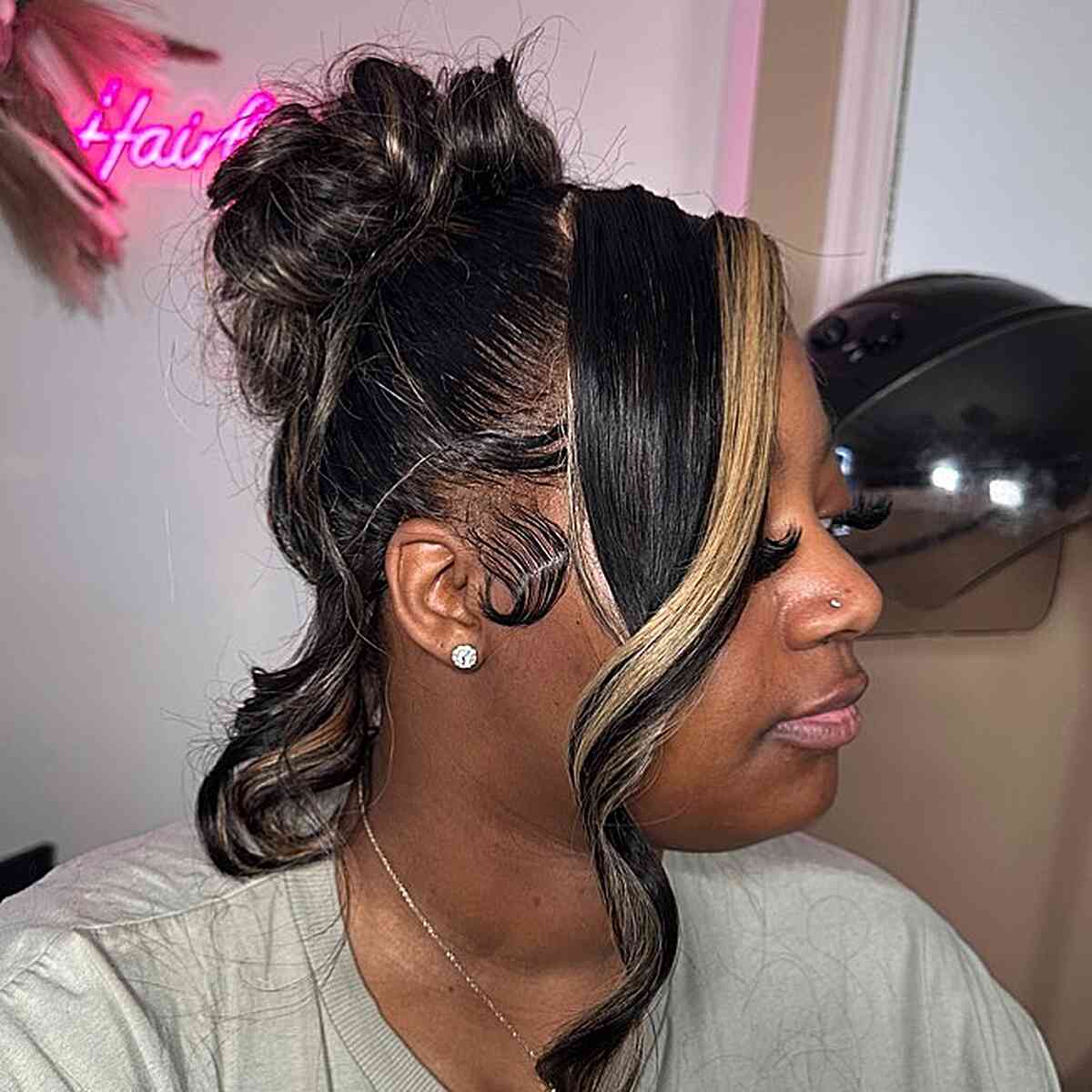 Black Weave Updo with Money Piece