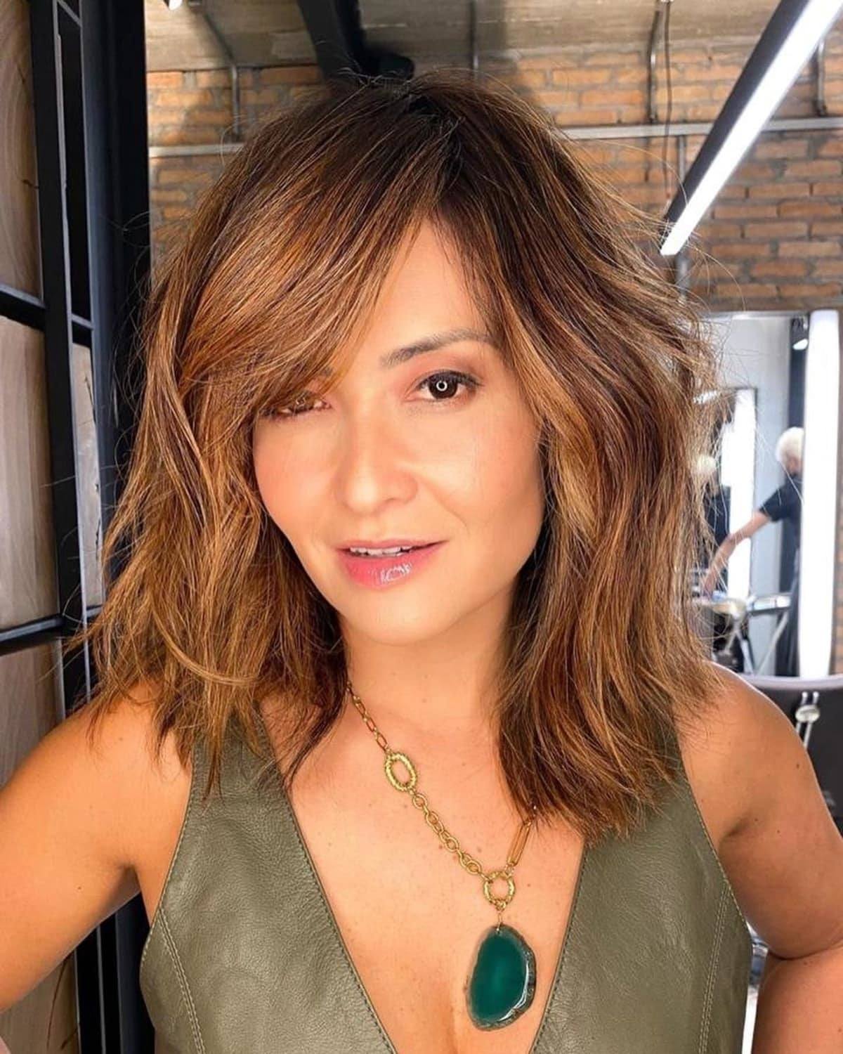 Choppy Lob with Side Bangs for Older Women