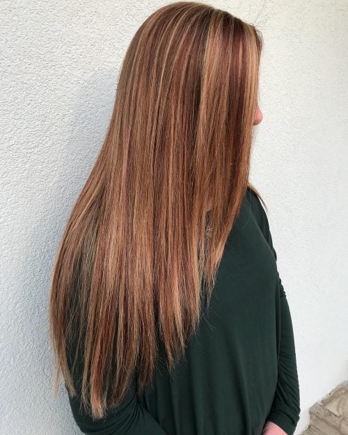 Deep Brown hair with Red and Blonde Highlights