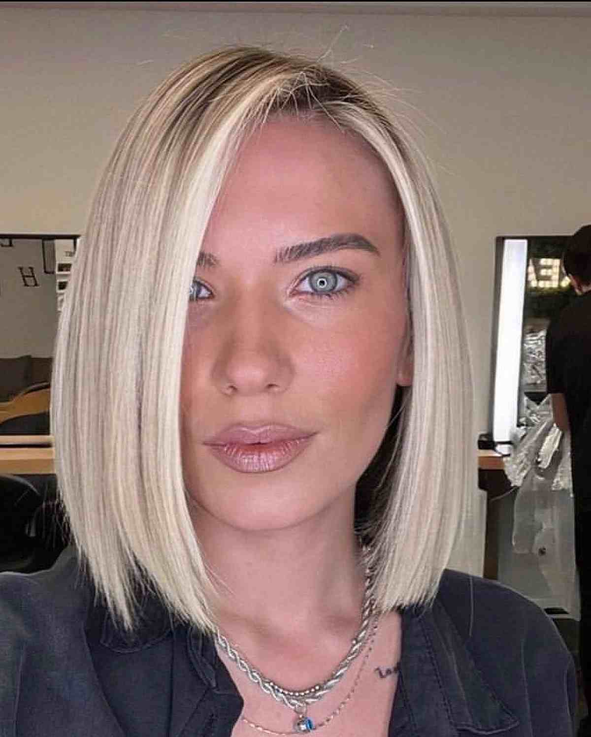 Deep Side Part Style on a Blonde Straight Lob