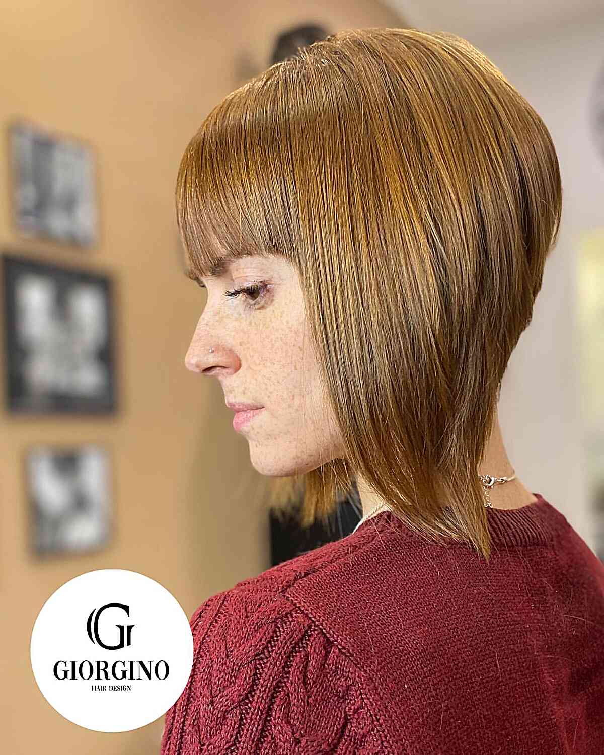 Golden Brown High Stacked Bob with Blunt Fringe for Thick hair