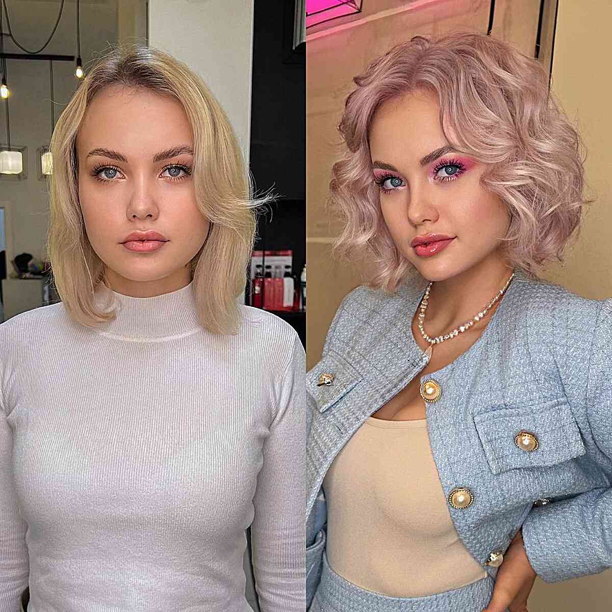 Light Pink Tousled Bob Style for Fine Hair and a middle part for wavy hair