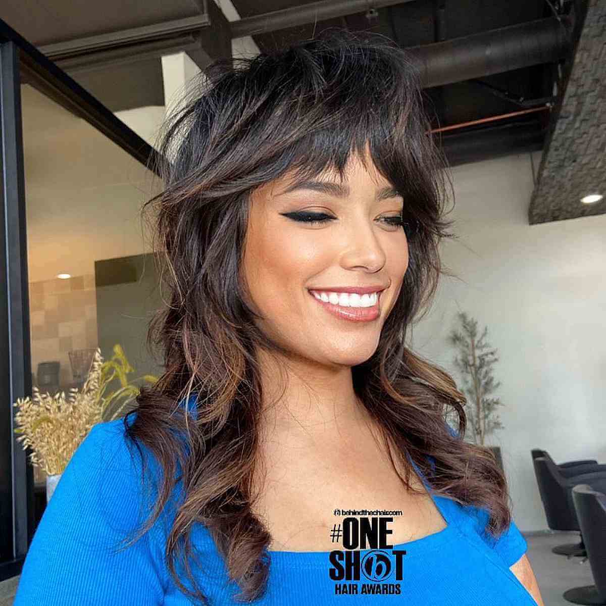 Long Brown Shaggy Mullet with Thick Bangs