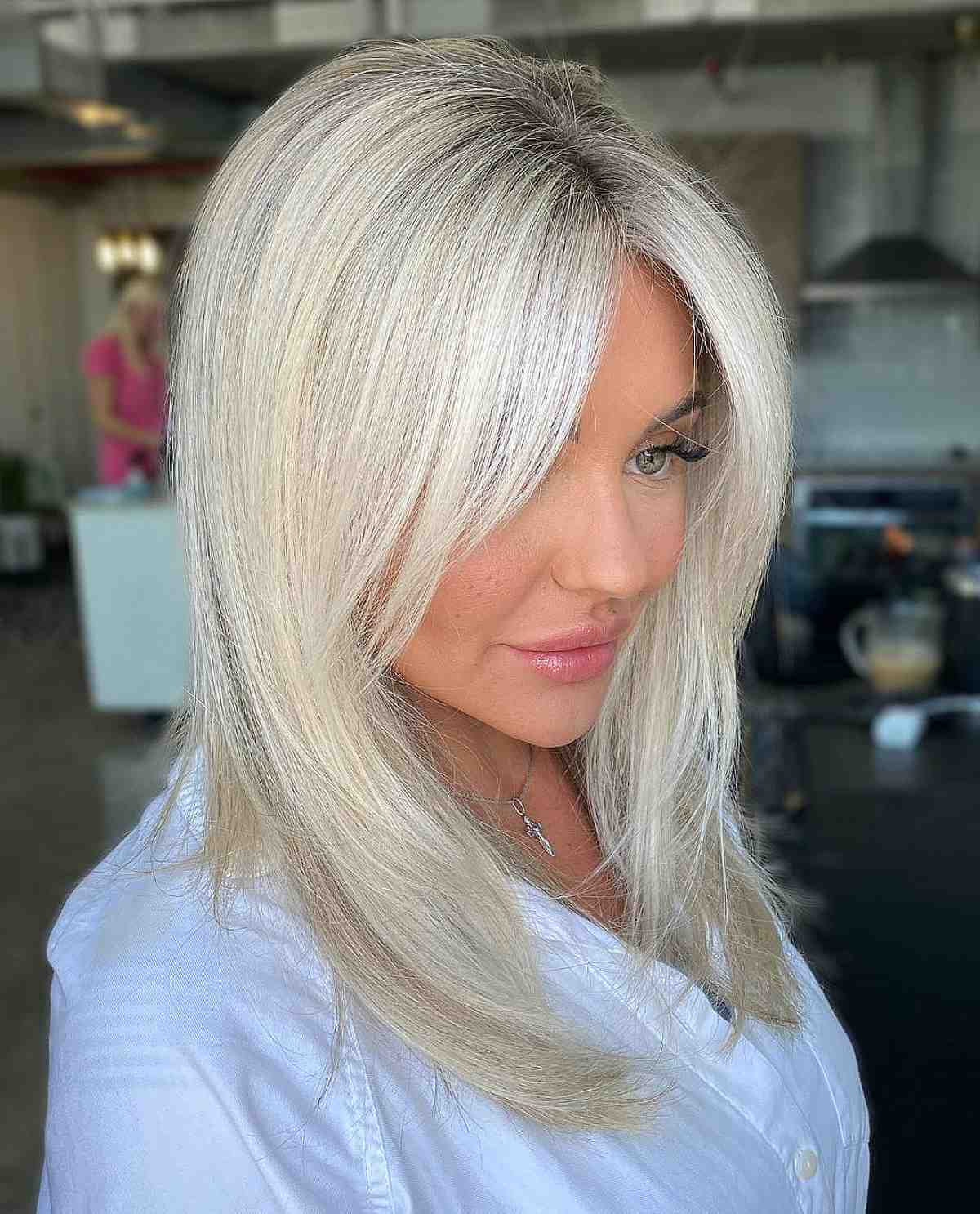 Stunning Mid-Length Icy White Blonde Straight Hair