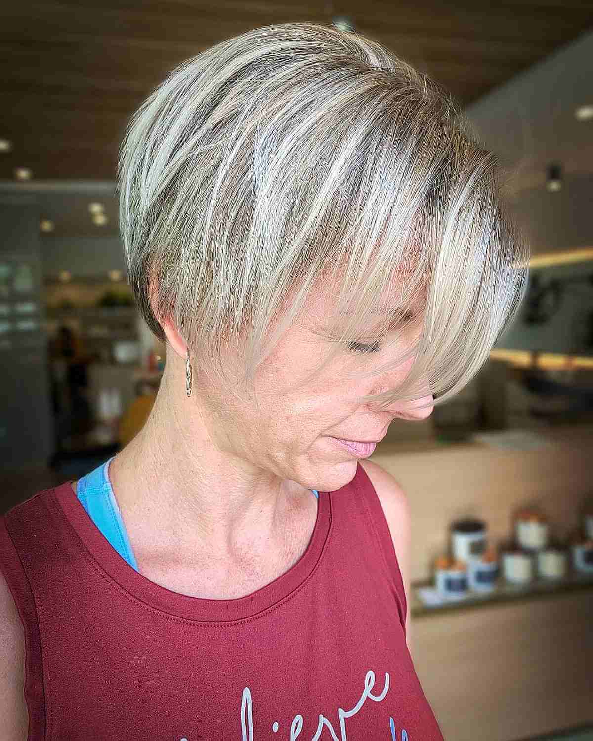 Platinum Blonde on a Long Pixie Hair for Women in Their 40s