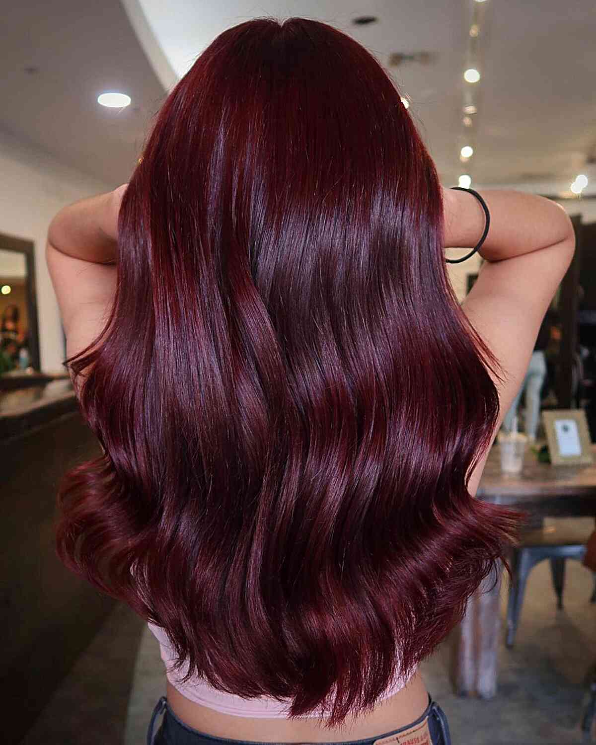 Red Wine-Inspired Long Wavy Hairstyle for ladies with long hair