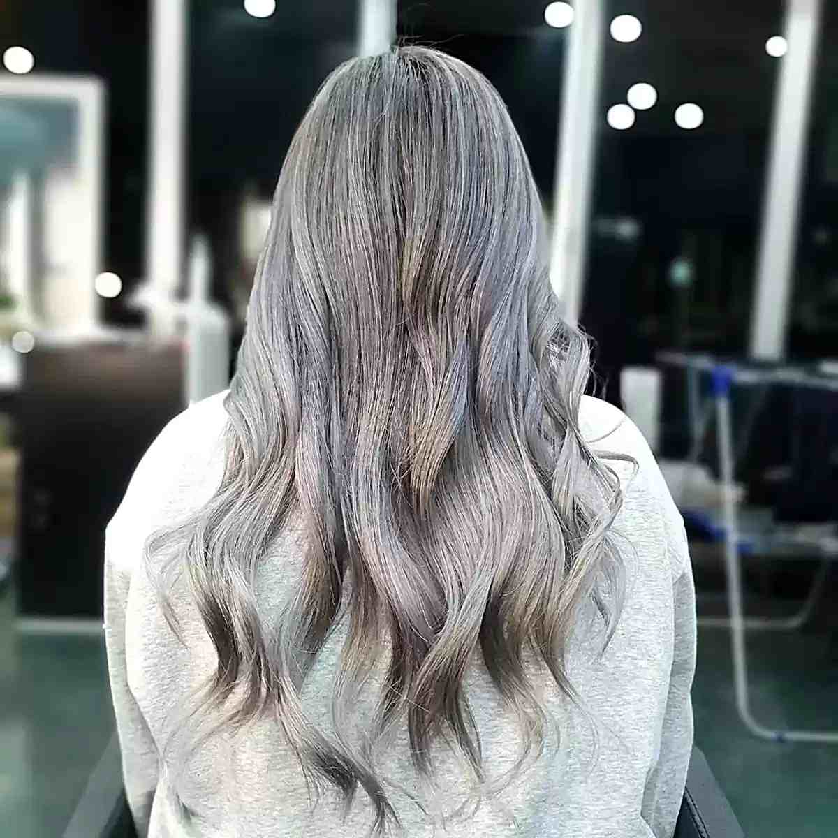 Silver Balayage Light Ashy Blonde with Long Loose Waves