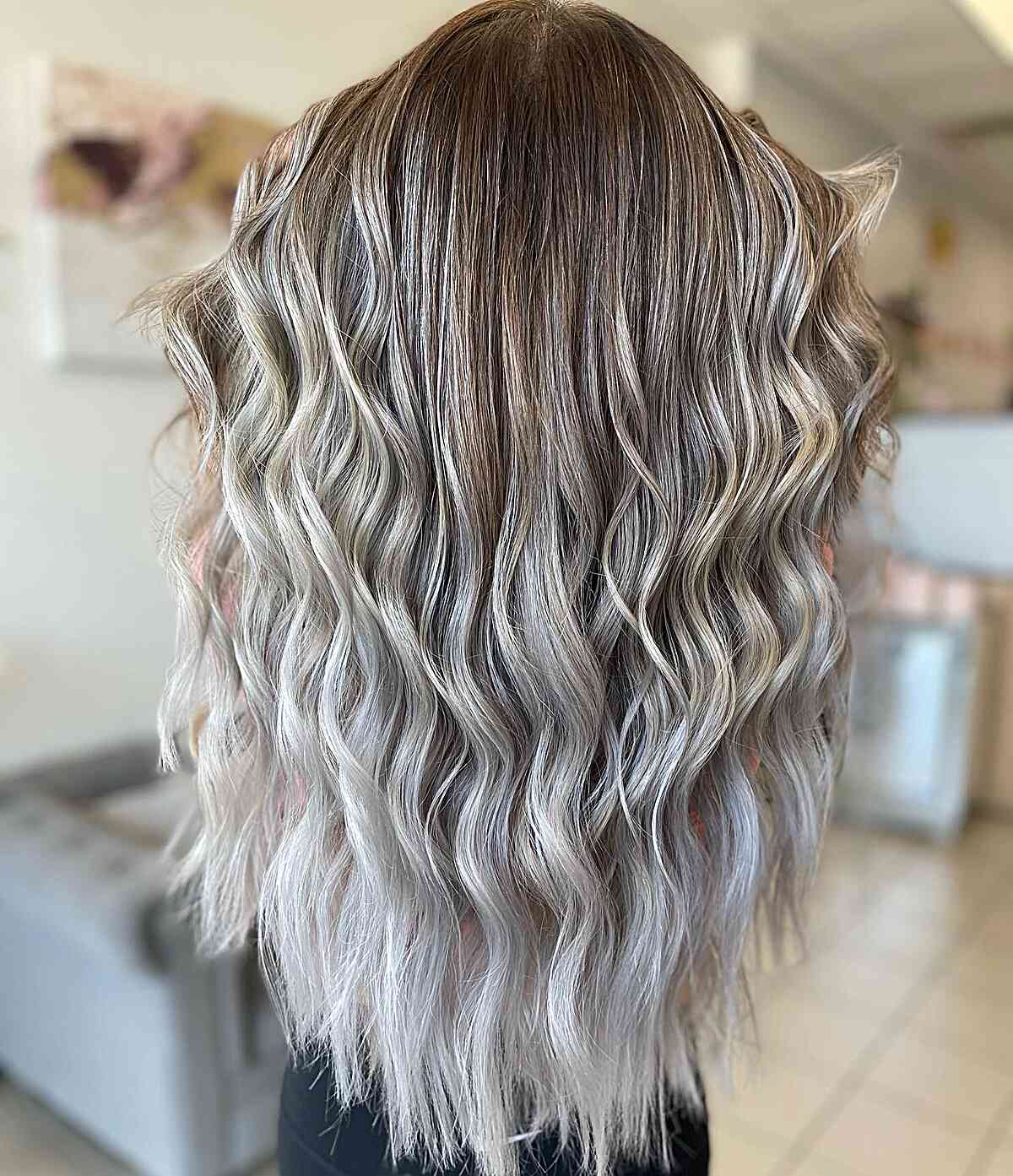 Very Long Hair with Silver Blonde Balayage and Shadow Root