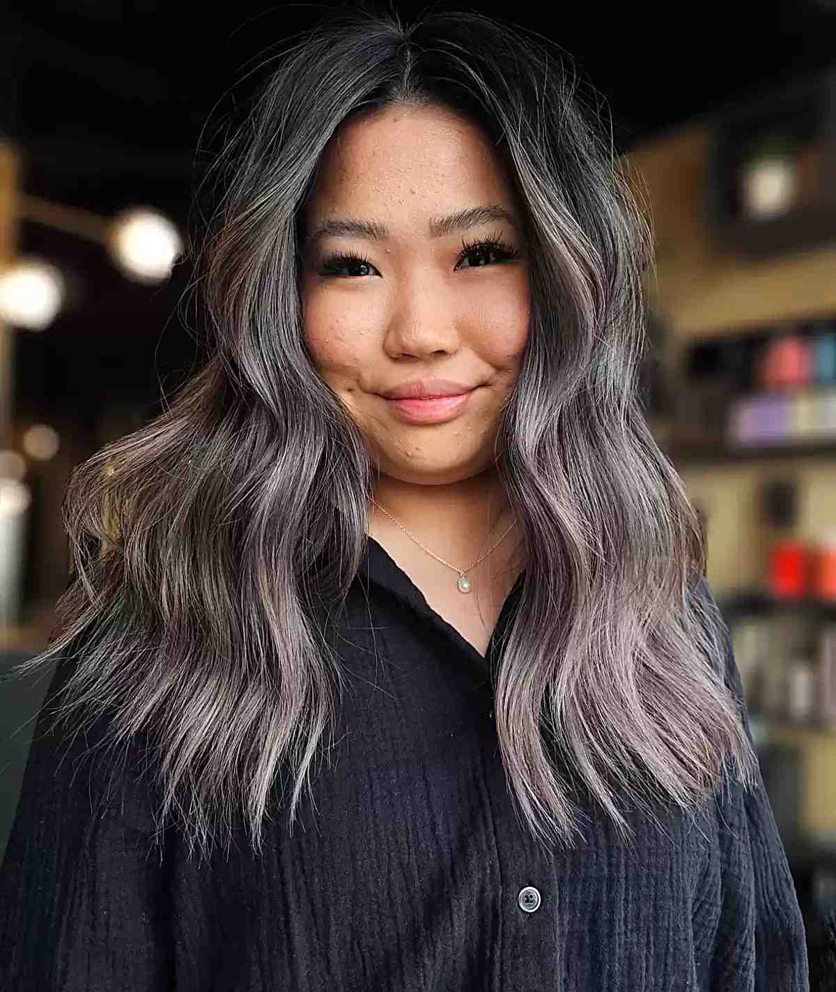 Mid-length Silver Grey Balayage for Dark Hair with Choppy Ends