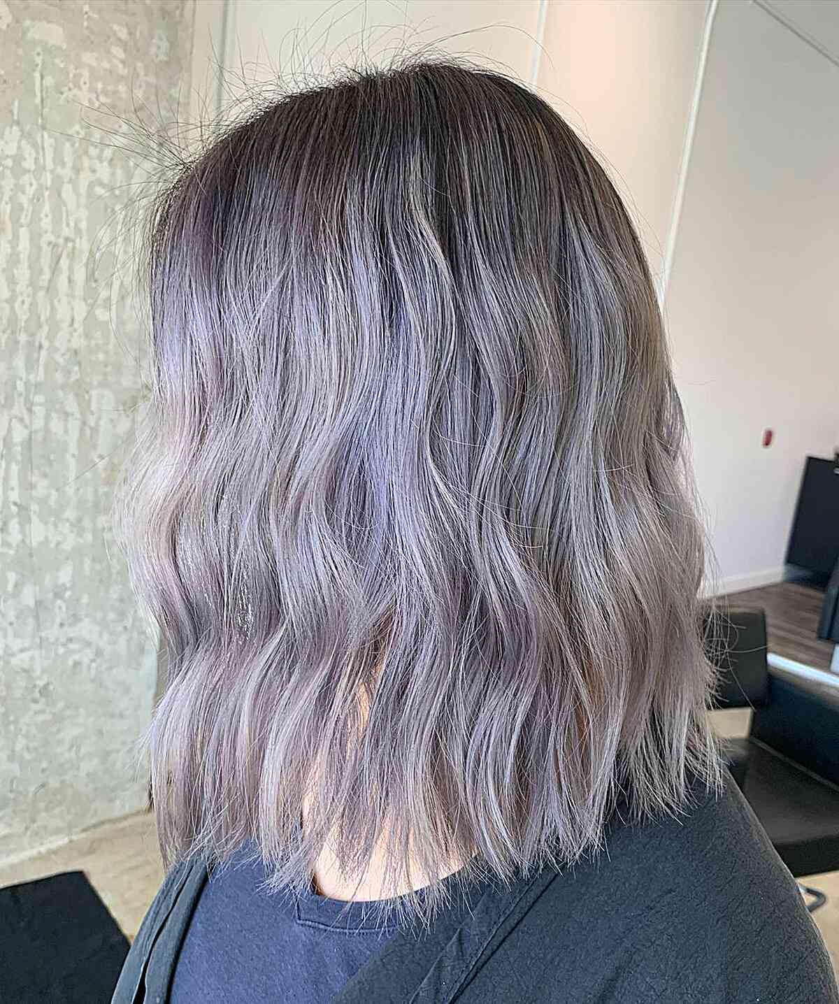 Smoky Bright Silver Balayage Lob with Root Smudge