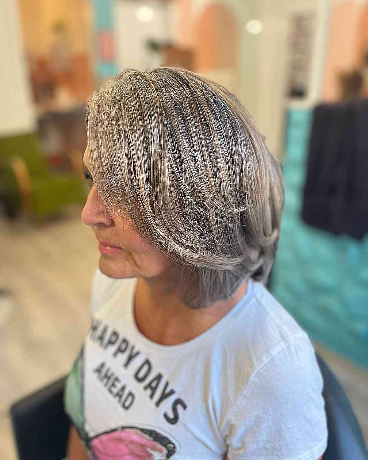 Soft Brown with Grey Blending for Neck-Length Layered Hair for Old Ladies