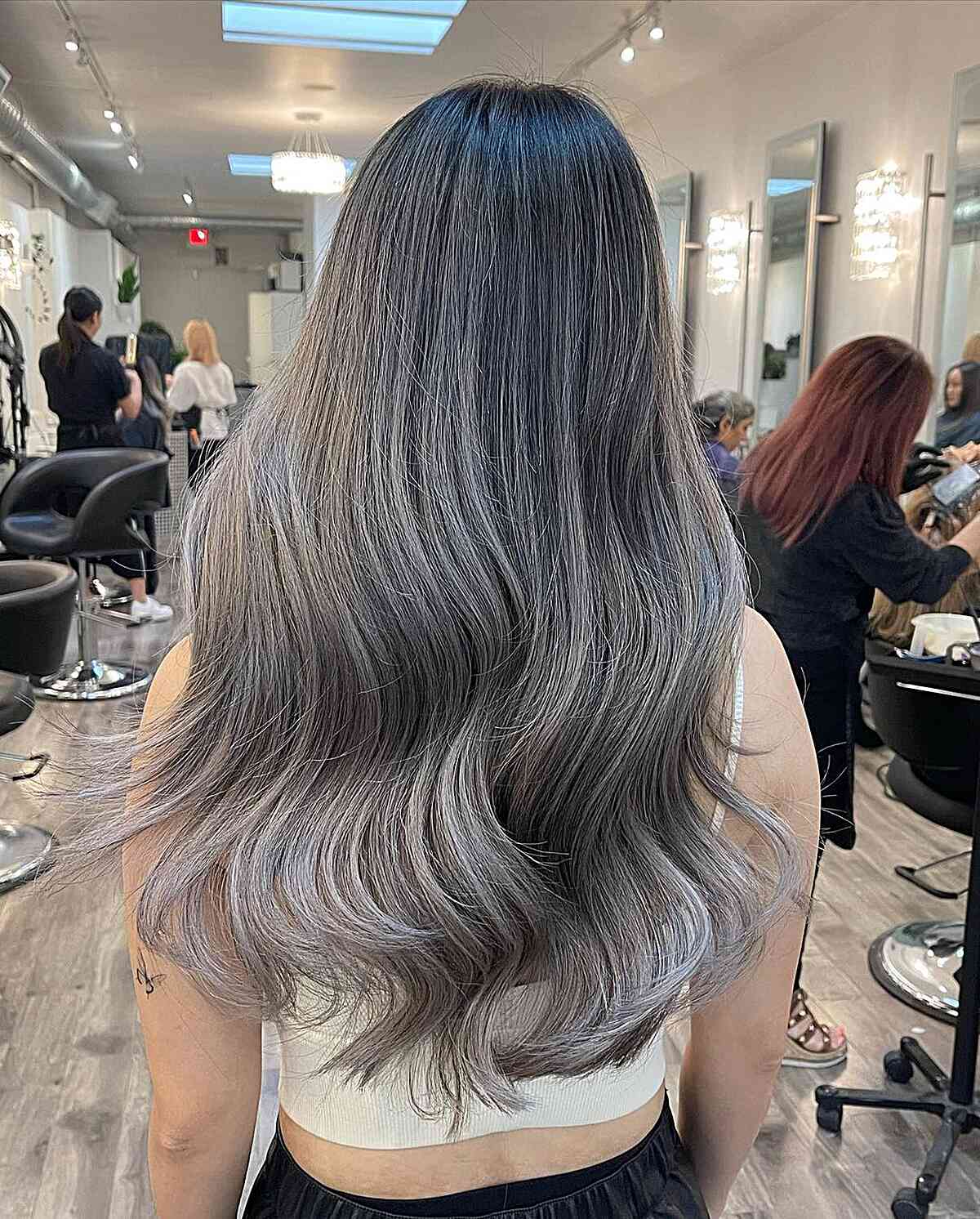Long Soft Silver Ombre Balayage Hair with Black Roots