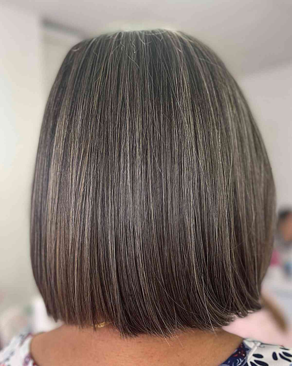Short Straight Brunette Hair with Grey Babylights for Old Ladies