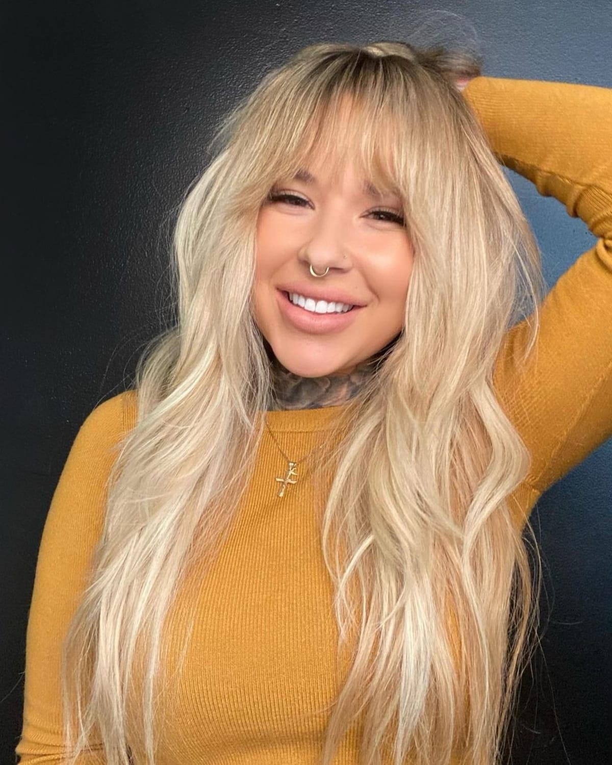 Honey Blonde Textured Shag with Long Bangs