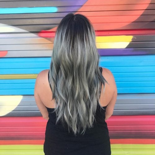 Gorgeous Layered Dark Roots on Silver Hair Color