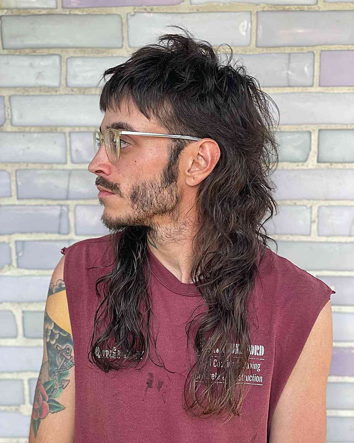 Long-Length Wavy Mullet with Choppy Bangs for guys