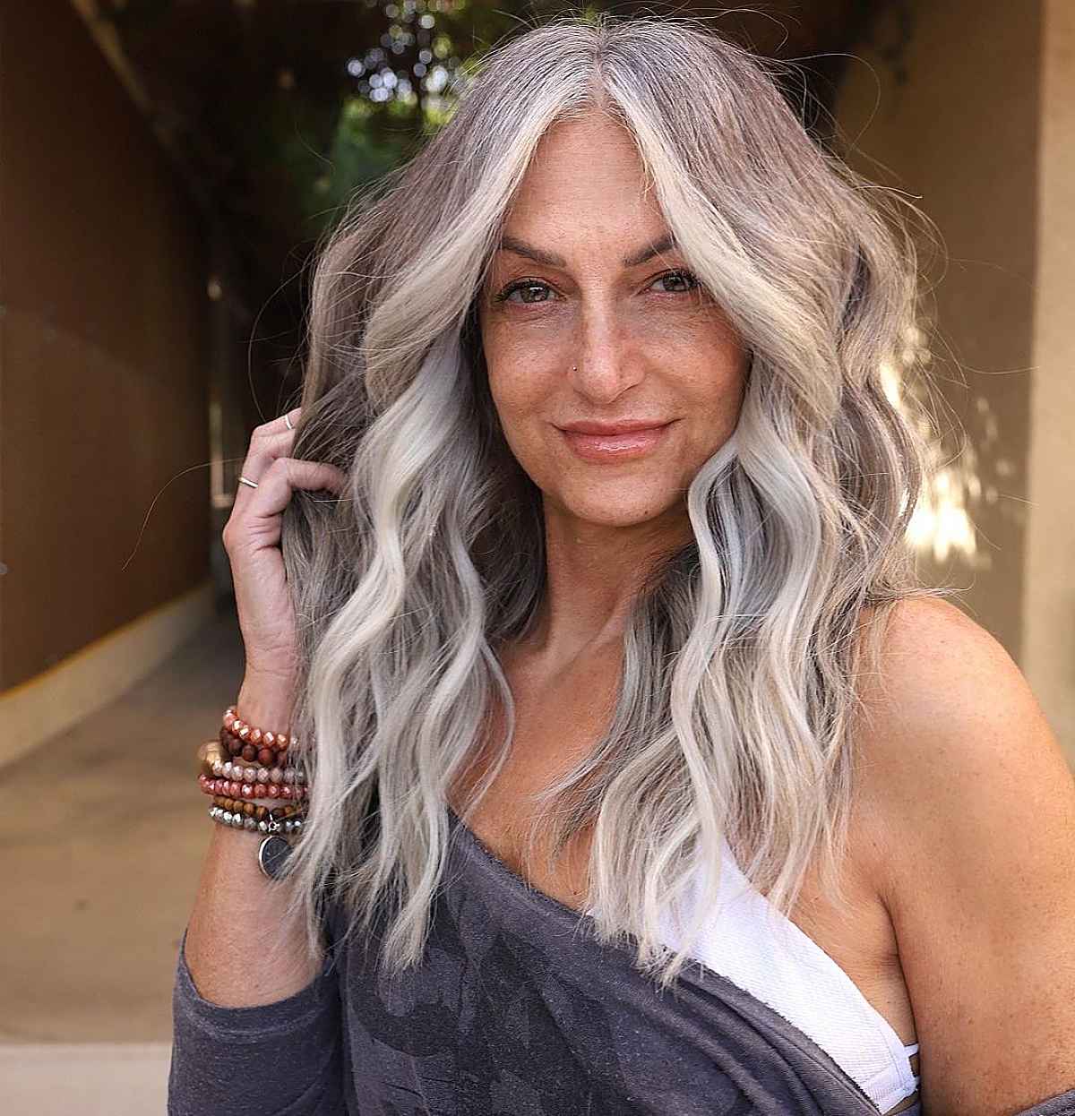 Dimensional white blonde hair with ashy tones
